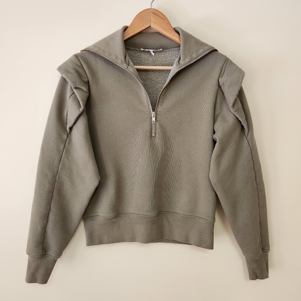 Frame Sporty Quarter Zip Sweatshirt in Military Green - S